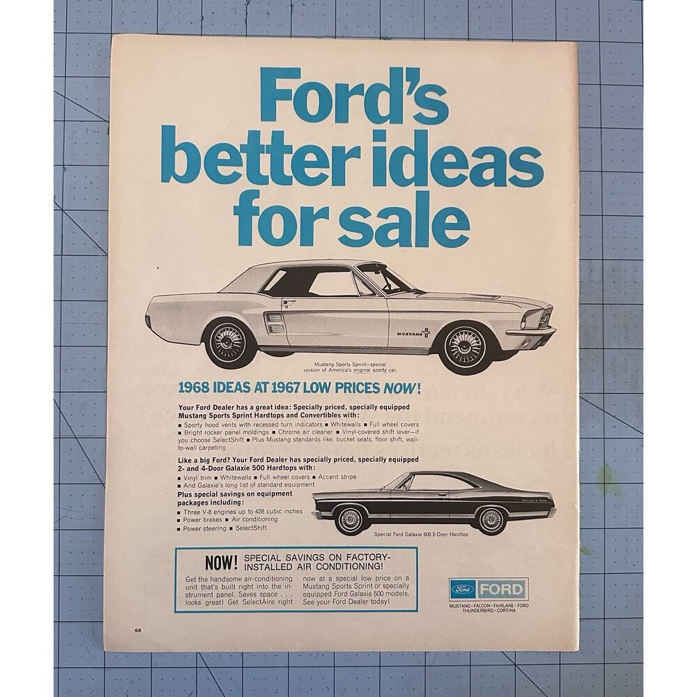1967 Ford Auto Mustang Galaxie 500 2 Door Hardtop Vintage Print Ad
